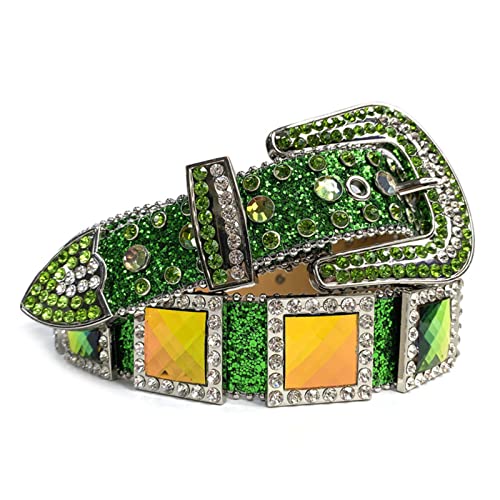 Men Women Rhinestones Belt Western Cowgirl Cowboy Bling Crystal Pin Buckle Diamond Studded Belts,Green,44 inch