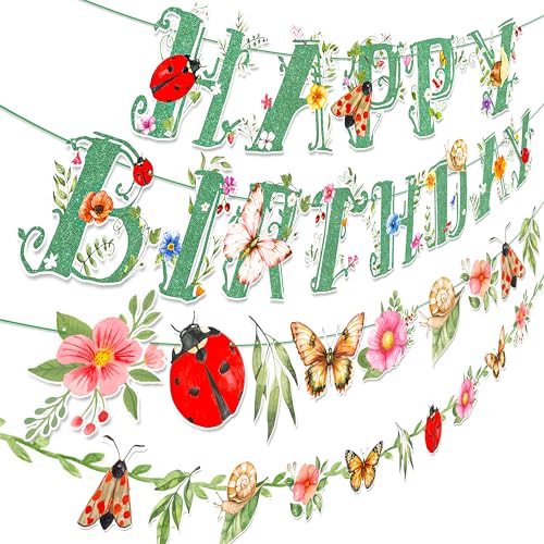 4pcs Spring Birthday Decorations Glitter Happy Birthday Banner with Watercolor Insect & Floral Garland for Garden Themed Birthday Decoration Supplies