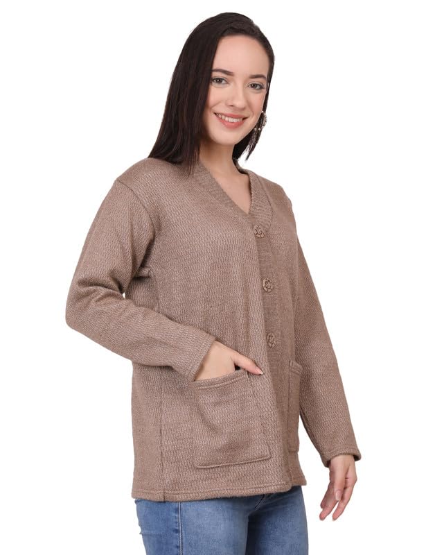 Image of MANRA Women's Woolen V-Neck Buttoned Full Sleeve Cardigan Self Design Soft Wool Fabric Winter Wear Pure Wool Sweater Fully Warm, Front Pockets Cardigan