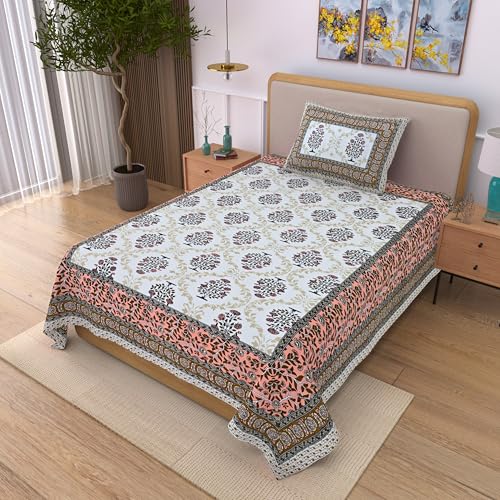 Image of 100% Cotton Single Bedsheet with 1 Pillow Cover | 240 TC Pure Cotton Flat Bed Sheet | Traditional Jaipuri Printed Bedding Set | Soft & Breathable | 60 x 90 Inch (Rangmahal Single 43)