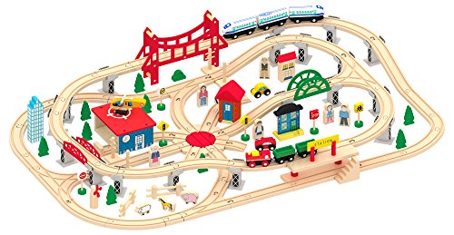 Leomark Holzeisenbahn - mit 130 Teilen - Spielzeug Eisenbahn, Kinder-Bahn Zug, Spiel-Set Holz, Konstruktionsspielzeug + Magnetwagen