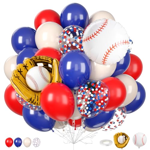 Baseball Balloons 12 Inch Navy Blue Red Balloons Nude Red Blue Confetti Latex Balloons with Baseball Glove Ball Foil Balloon for Men Boys Baby Shower Sport Game Theme Birthday Party Decorations