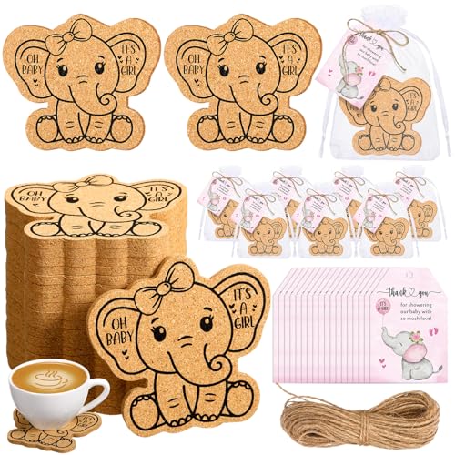 Hushee 25 Set Baby Shower Favors for Guests Elephant Cork Coasters, Pink