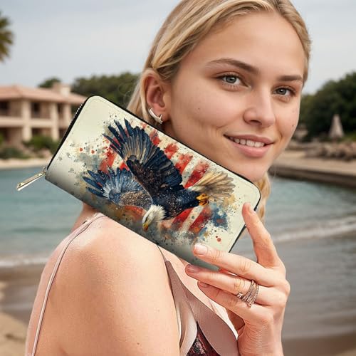 Image of RFID Blocking Leather Wallet for Women - Large Capacity Zip Around Clutch with 8 Card Slots,14 Cash Pockets & Coin Zipper,Eagle