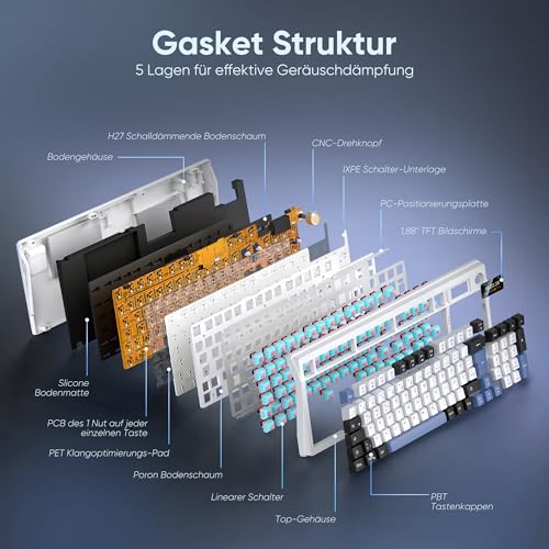 RedThunder K95 Kabellose Mechanische Gaming-Tastatur mit 1,88” Display & Knopf, QWERTZ 96 Tasten, Gasket, BT/USB-C/2,4GHz, Software, Hot-swap, Linear-Pink-Schalter, RGB, 8000mAh (Blau-Weiß) – Bild 6