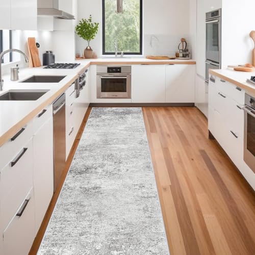 Washable 3x16 Hallway Runner Rug - Runner Rugs Modern Stain Resistant Indoor Mat Rug Runner for Laundry, Bedroom Non Slip Rubber Backing Thin Hallway Runner Rug Low Pile Carpet 3x16 Grey