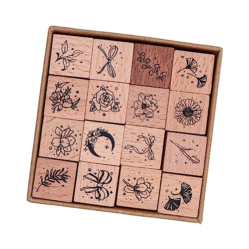 VOANZO 16 Pc Wooden Rubber Stamp Set - Decorative Combining Plants & Stars for DIY Crafts & Card Making, 20mm x 20mm