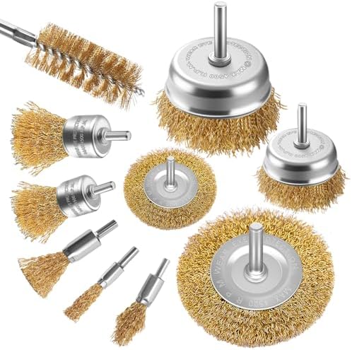 Aongray 10-teilige Bohrdrahtbürste, Messingbeschichtete Drahtbürsten, Topfbürste und Rohrbürsten-Set zum Reinigen von Rost, Entfernen von Farbe und Reinigen von Holz (Gold)