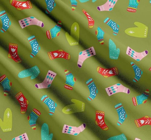 Image of Soimoi Green Cotton Poplin Fabric Socks & Gloves Folk Art Decor Fabric Printed Meter 42 Inch Wide