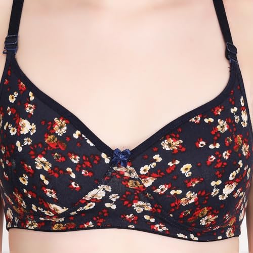 Image of Flower Print Bra for Women - Made of Pure Cotton Full Coverage Non Wired Pushup Soft Cup for T-Shirt Saree Dress Sports Garment for Daily Use Everyday