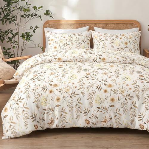 Michorinee Housse de Couette 220x240 Motif Feuilles Fleurs Beige Parure de Lit Adulte avec Fermeture Éclair - Linge de Lit 2 Personnes Réversible avec 2...
