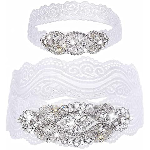 Florry Lace Wedding Garter Set White Bridal Garter Stretch Non-Slip Wedding Bridal Garters with Rhinestone Pearl Leg Garters for Bride Prom 2PCS Cover