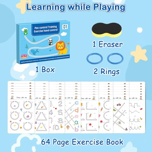 Image of PATPAT 64 Sheet Pen Control Training Flash Cards Preschool Alphabet, Number & Shape Dot-to-Dot Tracing Practice Card Writing Control Practice Card Portable Learning Flashcards with Marker