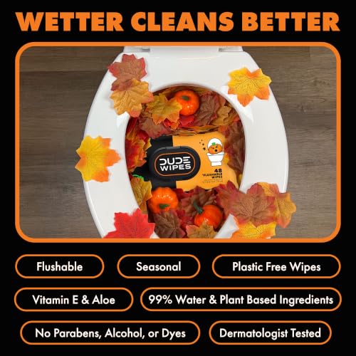 Image of DUDE Wipes Dumpkin Spice Adult Flushable Wipes, Pumpkin Scented, 144 Count | Pumpkin spice scented. 99% water, extra large flushable butt wipes. Clove and nutmeg. Septic safe. 3 packs of 48.