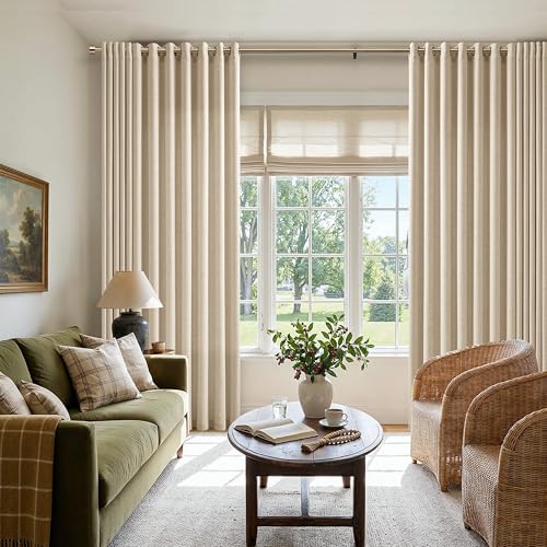 Image of Extra Wide Linen Curtains 84 Inch Length 72 Inch Wide Warm Beige | Natural Linen, for Patio Sliding Glass Door, Light Filtering, Semi Sheer, Grommet, Privacy, wide Window, 1 Panel, Oatmeal