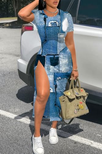 Image of Nimsruc Women Sexy Summer Dresses Short Sleeve Thigh-high Slit Ruched Bodycon Maxi Club Cocktail Party Dress