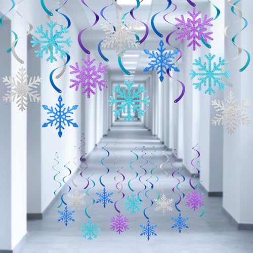 20 Pcs Winter Snowflake Hanging Swirl Decorations - Snowflake Hanging Ceiling Streamers Blue Silver Purple Garland Ornament for Frozen Winter Wonderland Holiday Birthday Party Decorations
