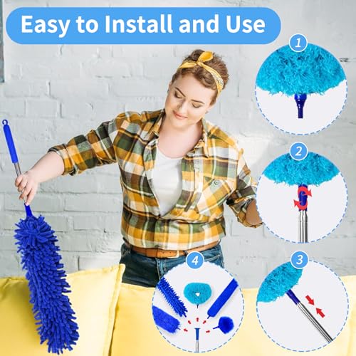 Image of Duster with Extension Pole - Royal Blue | 6-in-1 Kit Dusters for Cleaning, Extendable Duster with 100 Inches, Microfiber Dusters for Ceiling Fans, Furniture, Blinds