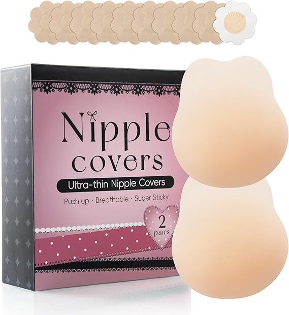 Trifabricy Nipple Covers - 2 Pairs Lift Ultra-Thin Sticky Push up Nipple Pasties, Reusable Silicone Breast Petals, Strapless Backless Bras, Pasties for Women
