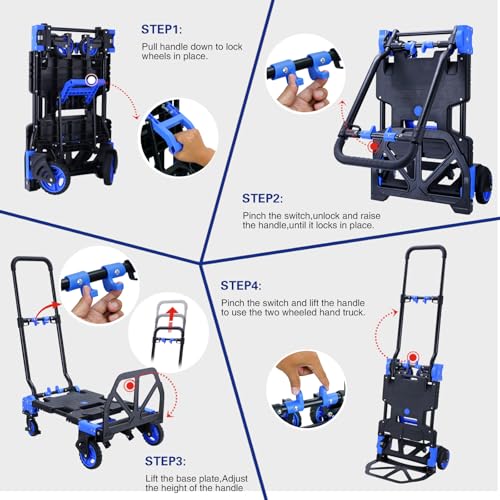 2-1 Folding Hand Truck Dolly,330LBS Capacity Dolly Cart,Foldable Dolly Hand Truck with Retractable Handle and 4 Rubber Wheels,Hand Cart Foldable for Luggage/Travel/Office/Moving