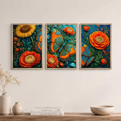 Image of Livin'luxe Set of 3 Butterfly Floral Wall Paintings for Living Room Bedroom Home Decor with Premium Wooden Color Synthetic Frame, Colorful Nature Art (13.5 x 19.5 Inch) NM03-73