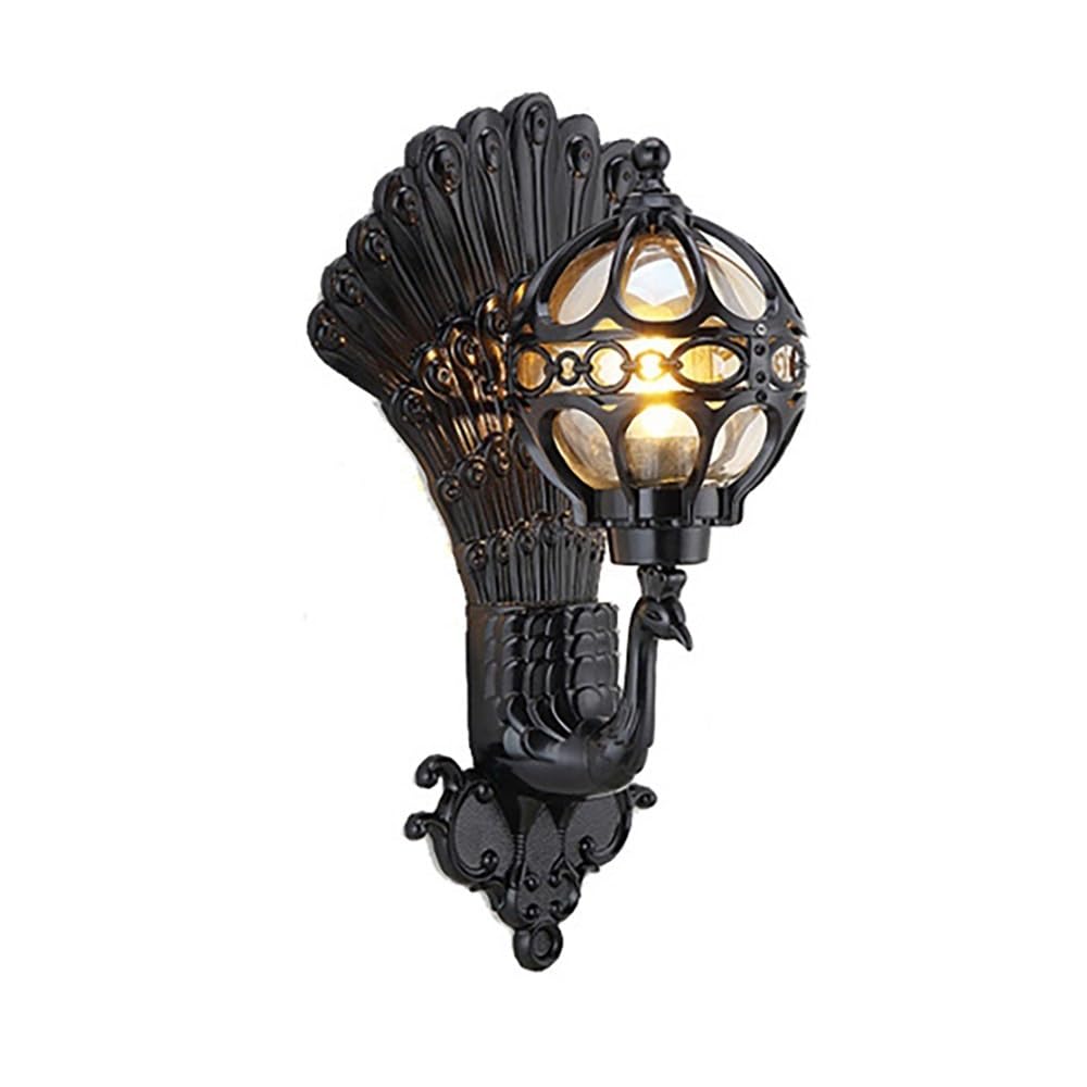 OZBMA Retro Peacock Wall Light Fixture Amber Globe Glass Lamp Outdoor Sconce for Courtyard Villa Garage Porch(Black)