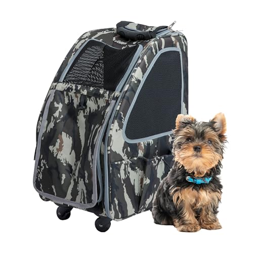 Petique 5-in-1 PET Carrier, Features: Rolling, Top Handle, Backpack, Luggage Attachment, Car Seat All in ONE for Small to Medium Dog, Cat, Bunny, Supports Pets up to 25LBS - Army CAMO