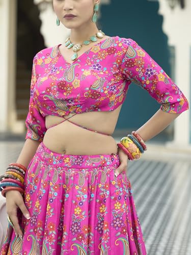 Image of PURVAJA Women's Chinon /Art Silk Semi-Stitched Lehenga choli