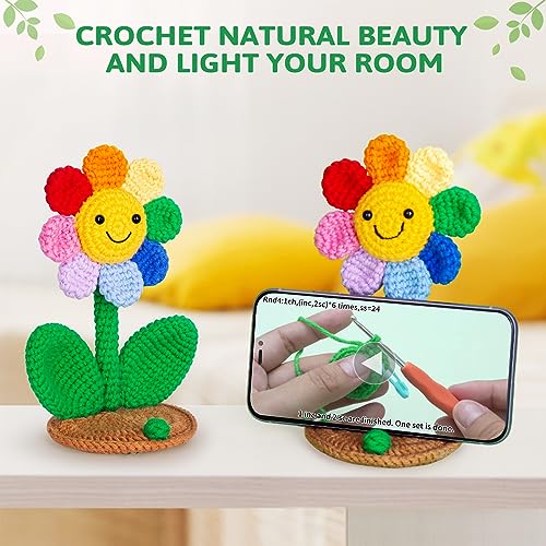 Image of Crochetta Crochet Kit for Beginners, Crochet Kit w Step-by-Step Video Tutorials, Crochet Starter Kit Learn to Crochet Kits for Adults Kids Beginners, 2 Sunflower Phone Holders (40%+ Yarn Content)