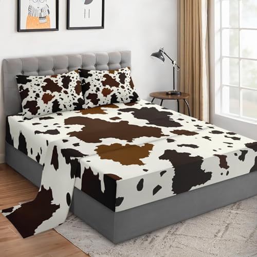 WeCozy Full Size Bed Sheet Sets with Pillowcases Cow Brown Cowhide Animal Vintage Soft Microfiber 4 Pieces Bedding Set for Kids and Adults Flat Fitted Sheet for Bedroom Bed Decor