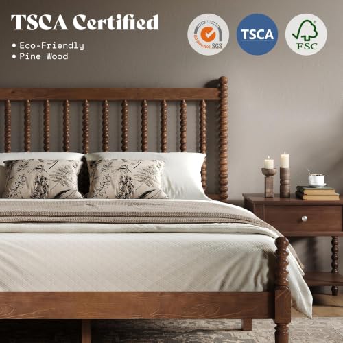 Image of AMERLIFE Full Solid Wood Bed with Bobbin Spindle Headboard, Dark Walnut