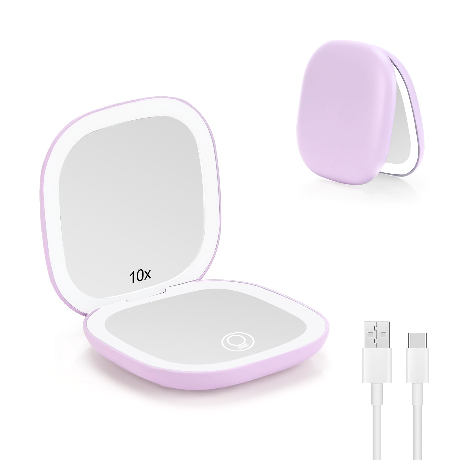 Collazoey LED Specchio Ingranditore, 1X/10X Specchietto da Borsetta, Chargement par USB, 3 Luci Regolabile Portatile Specchio da Viaggio, Interruttore Magnetico Pieghevole Piccolo Mirror (Viola)