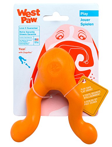 WEST PAW Zogoflex Tizzi Treat Dispensing Dog Toy – Interactive Play Toy for Dogs, Puppies – Floatable, High-Flying Dog Toys for Fetch, Catch, Tug of War, Recyclable, Dishwasher Safe, Small, Tangerine