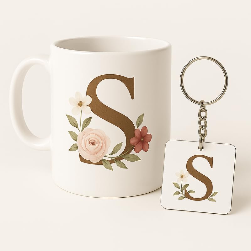 Image of Letter S Mug and Keychain Set - Elegant Floral Monogram Gift for Her /Him - Coffee Cup and Key Ring with Initial S - Coffee Mug for Everyone Any Occasion 4646 19