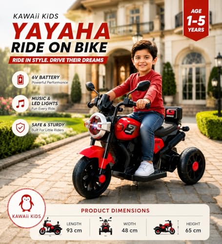 Image of Kawaii Kids 6V Battery Operated Ride-On Bike with Music & LED Lights, Red