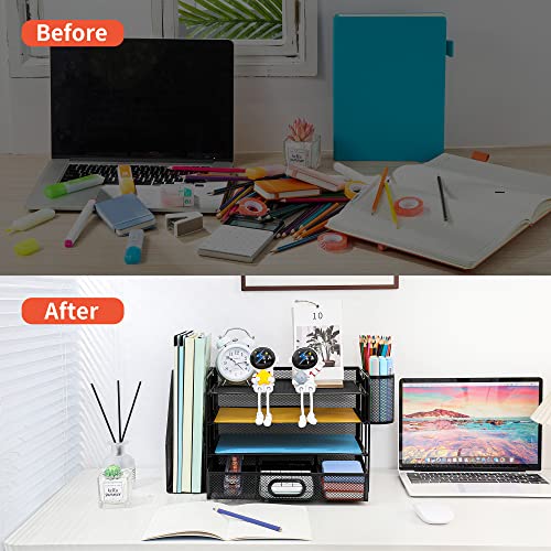 Desk Organizer with File Holder, 4-Tier Letter Paper Tray Organizer with Drawer & 2 Pen Holders, Desk Organizers and Accessories, Mesh Desktop File Organizer and Storage for Office image 3