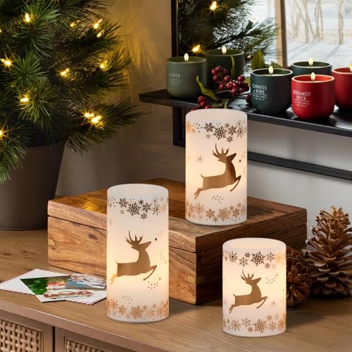 Image of GenSwin Christmas Flameless LED Flickering Candles, Real Wax, Gold Deer, 3 Pack Pillar Fake Candles for Winter Indoor Fireplace Decor (D3' x H4'5'6')