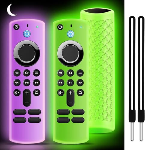 Image of (2 Pack) Onebom Silicone Protective Remote Cover Compatible with TVStick, HD, 3rd Gen, 4K Remote Controls, Anti-Slip Remote Control Case with Lanyard(Glow Green&Glow Purple)