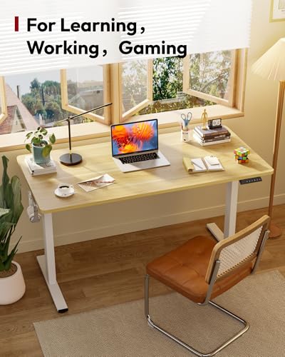 Image of SANODESK Electric Standing Desk 55 x 28 Inches Whole-Piece Desktop Height Adjustable Stand Up Desk w /6-Button Controller Ergonomic Computer Desk for Home Office, White Frame + Natural Tabletop