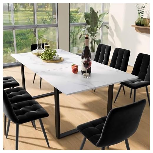 Aptliton Telescopic Dining Table 140/180x80x75cm - White Marble MDF Top with Marble Patterns & Metal Legs (2 Styles), Dual Use for Home & Office