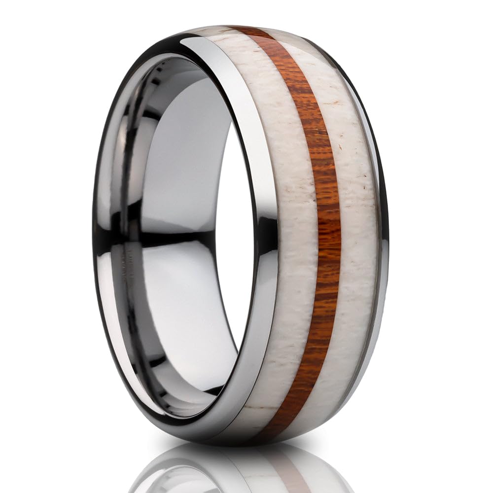 OVIEDO JEWELRY Deer Antler Wedding Ring, Koa Wood Engagement & Anniversary Ring, Man & Women Tungsten Carbide Comfort Fit Silver Band