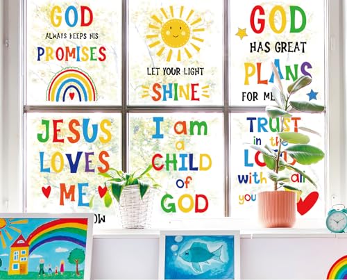 Image of Whaline 9 Sheet Back to School Window Clings Jesus Inspirational Quotes Window Decals Double-Sided Motivational Bible Verse Windows Decor for Students Bedroom Classroom Playroom