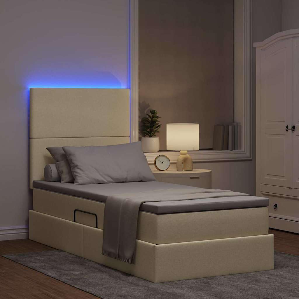 Cama de almacenamiento LED con colchón color crema, 90 x 190 cm, tela de madera, cama de almacenamiento con cabecero ajustable y tira LED para dormitorio, comodidad, estructura de madera