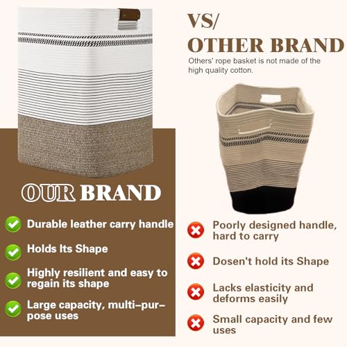 Image of Laundry Hamper, 85L Tall Laundry Basket with Leather Handles, Rectangle Large Clothes Hamper for Organizing, Cotton Woven Laundry Baskets Storage Hampers for Bedroom, Nursery, Living Room