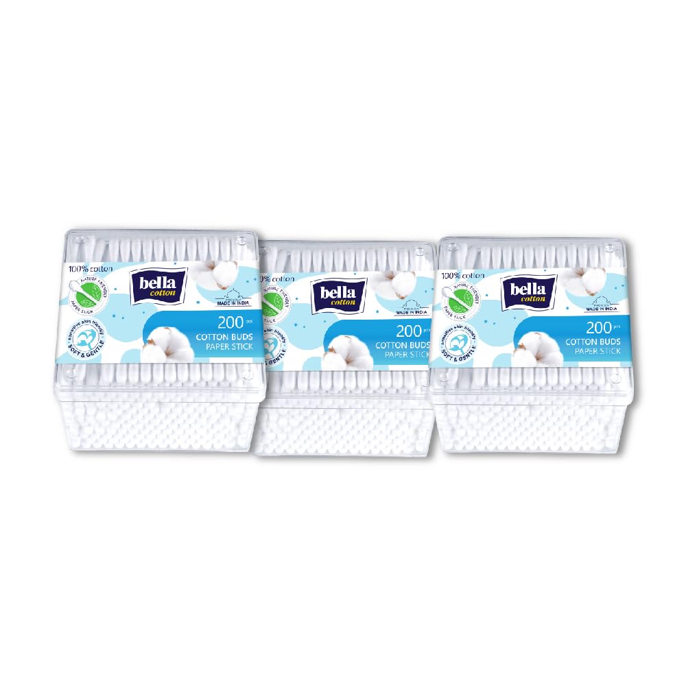 Bella Cotton Buds/Swabs - 200Pcs | Pack of 3 | 100% Cotton | Bio & Nature Friendly | Soft & Gentle