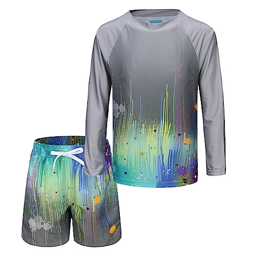 Image of Boys Two Piece Rash Guard Swimsuits Set with Swim Trunk Kids Long Sleeve Bathing Suit Swimwear Set