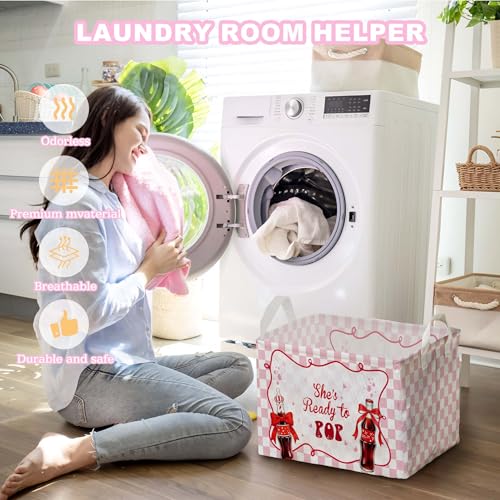 Image of Shes Ready To Pop Baby Shower Decorations,Pink Storage Baskets,Ready To Pop Nursery Decor,Large Square Canvas Laundry Hamper With A Waterproof PE Coating,Foldable Kids Toy Clothes Bins for Bedroom