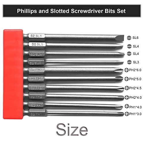 Long Slotted Phillips Screwdriver Bits Set 10Pcs, Skziri 4Inch Long Cross Phillips Bits And Flat Head Slotted Bits Magnetic Screwdriver Drill Bits-1/4 Inch Hex Shank (4 Inch) #TOP1