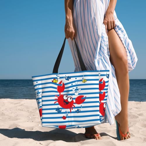 Red Funny Crab On Blue Stripe For Beach Bag For Women Large Beach Tote Bag Waterproof Sandproof Swim Bag With Zipper Pockets Beach Vacation Travel4