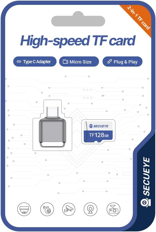 128GB TF Memory Card with Type C Adapter FAT32 Class 10 High Speed Reading/Writing 24/7 Video Recording for Security Camera Smartphone Tablet (128GB + Card Reader)